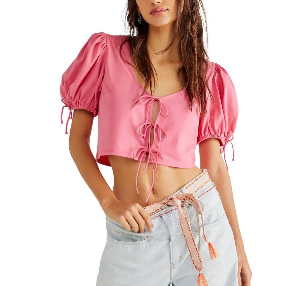 Free People Pink Kitty Cotton Front-Tie Puff Sleeve Crop Top NWT, Size XS